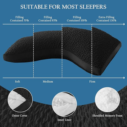 Side Sleeper Pillows for Adults, Adjustable Shredded Memory Foam Bed Pillows for Neck and Shoulder Pain, Standard Black Cooling Curved Pillows with Washable Cover & Extra Foam Bag