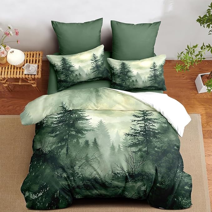 Pine Tree Duvet Cover King Size Forest Olive Green Duvet Cover Set Gradient Watercolor Botanical Bedding Set Soft Breathable Microfiber Comforter Cover(2 Pillowcases, No Comforter)