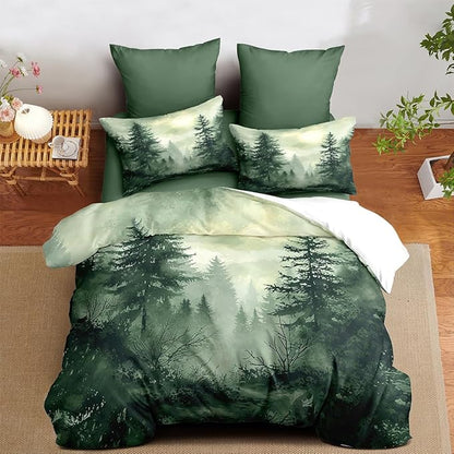 Pine Tree Duvet Cover Queen Size Forest Olive Green Duvet Cover Set Gradient Watercolor Botanical Bedding Set Soft Breathable Microfiber Comforter Cover(2 Pillowcases, No Comforter)