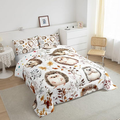 Cartoon Hedgehog Kids Bedding Sets,Watercolor Autumn Leaves Plants Comforter Set for Boys Girls Teens,Cartoon Wild Animals Rustic Style Down Comforter with 2 Pillowcases Queen Size 3 Pcs