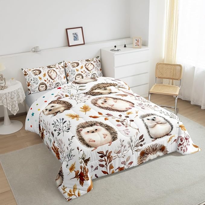 Cartoon Hedgehog Kids Toddler Comforter Set,Watercolor Autumn Leaves Plants Bedding Set for Boys Girls Teens,Cartoon Wild Animals Rustic Style Quilted Comforter with 1 Pillowcase 2 Pcs