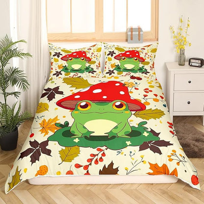 Castle Fairy Cartoon Mushroom Frog Duvet Cover Set King Size,Cute Kawaii Green Animal Comforter with 2 Pillowcases,Autumn Maple Leaves Hazelnut Plant Modern Bedding for Adult Couple Room Decor, 3pcs