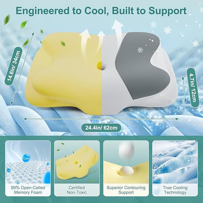 DONAMA Cervical Neck Pillow- Ergonomic Pillows for Pain Relief, Contour Memory Foam Pillow for Side/Back/Stomach Sleepers, CertiPUR-US Certified with Cooling Ice Silk Pillowcase