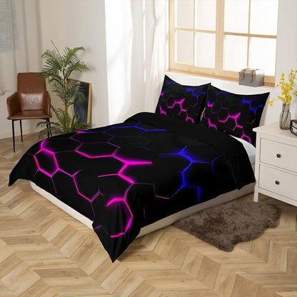 Castle Fairy 3D Honeycomb Duvet Cover Queen Size for Kids Hexagon Bedding Sets with 2 Pillowcase,Pink Blue Neon Lights Print Comforter Cover Teen Boys Girls Bedroom Decor Bed Cover 3 Piece,Black
