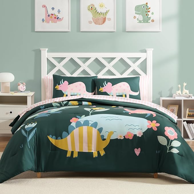 Full Size Comforter Sets for Girls, Dinosaur Kids Bedding Set with Cute Floral, All Season Boys Teen Bed in a Bag 7 Pieces with Sheets, Pillowcases & Shams