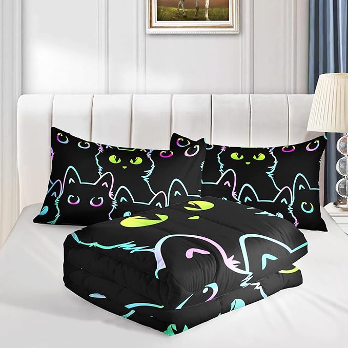 Axolotl Kids Bedding Cartoon Cat Comforter Set Twin Size,Gradient Line Cute Cat Bedding Set for Teens Boys Girls Adults Room Decor,Kids Comforter Set All Season,1 Comforter 2 Pillow Cases,Black