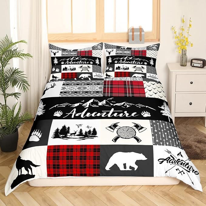 Castle Fairy Deer Antlers Bedding Set King Size for Teens,Bear Pine Wolf Hunting Camper Comforter Cover with 2 Pillowcases,Adventure Rustic Farmhouse Red Plaid Duvet Cover Set Microfiber Quilt Cover