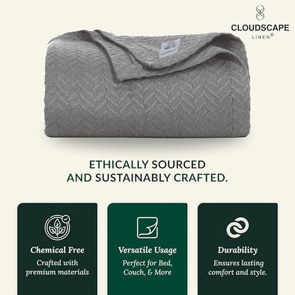 Cloud Scape Linen 100% Cotton Blanket King Size for Bed – Heavy & Soft, All Season, Winter Layering Blanket, Herringbone Weave, Best Gift for Christmas, fits Up to Cal King, 92x108, Dark Grey