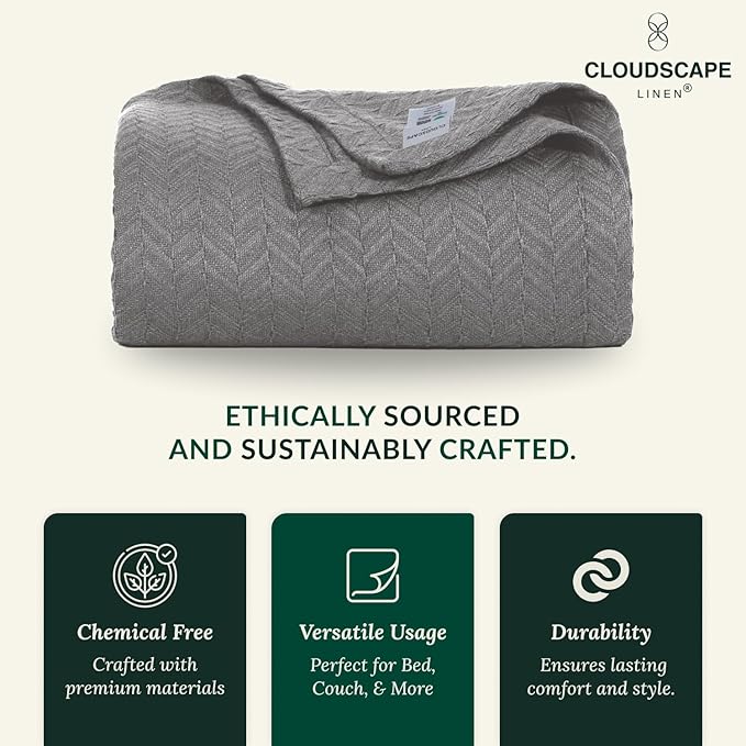 Cloud Scape Linen 100% Cotton Blanket Queen Size - Heavy and Soft, Season, Winter Cozy Blanket, Herringbone Weave, Best Gift for Women, fits Full Size Bed, 92x92, Dark Grey