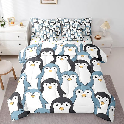 Feelyou Penguin Comforter Set with Sheets Cartoon Penguin 7 Piece Bedding Set for Kids Boys Girls Cute Polar Animal Pattern Bed in a Bag Queen Size Snowy Winter Bed Set