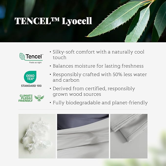 Tencel Duvet Cover Set, Full/Queen Size Cooling Duvet Cover for Hot Sleepers, 100% Eucalyptus Lyocell, 3 Pieces, 1 Zipper Closure Duvet Cover (90" x 90") and 2 Pillowcases (20" x 30") - Light Grey