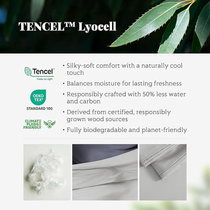 Tencel Duvet Cover Set, Full/Queen Size Cooling Duvet Cover for Hot Sleepers, 100% Eucalyptus Lyocell, 3 Pieces, 1 Zipper Closure Duvet Cover (90" x 90") and 2 Pillowcases (20" x 30") - Light Grey