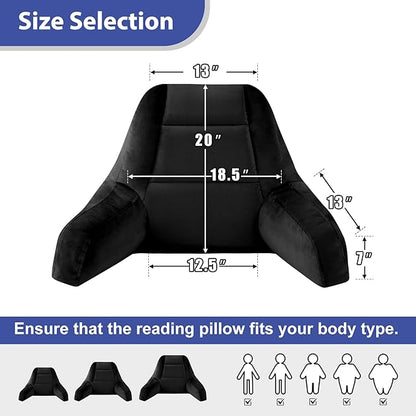 Reading Pillows for Sitting in Bed Adult, Back Pillow for Bed Sitting Up, Backrest Pillows with Shredded Foam for Adult&Teens, Support Pillow with Arms for Beds, Couch, Floor, 20in, Black