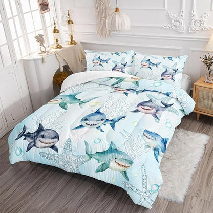 Boys Blue Ocean Shark Comforter Set Twin Size Shark Starfish Bedding Sets Seaweed Quilt Bed Set for Kid Girls with 1 Comforter and 2 Pillowcases