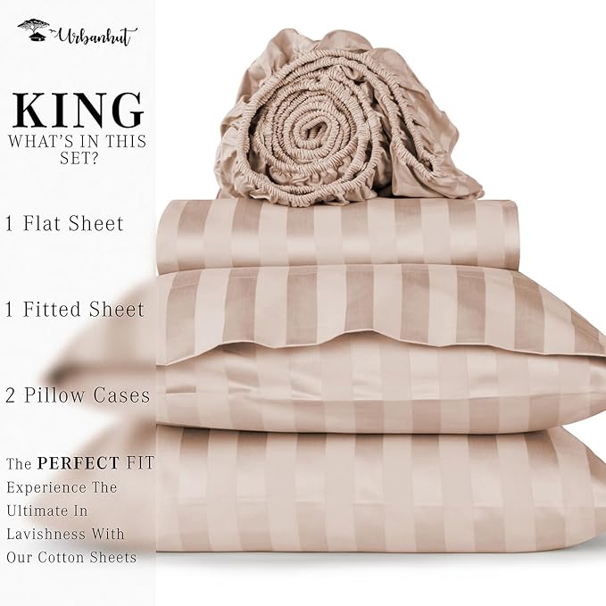 URBANHUT 1000 Thread Count Damask Striped King Size Egyptian Cotton Sheets, Long Staple Soft & Breathable, 4 Pc Bed Sheet Sets, Luxury Hotel Sateen Sheets Fits 16" Deep Pocket - Blush Pink