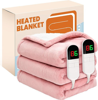 Electric Heated Blanket, Flannel & Sherpa Fast Heating Soft Fleece Heated King Blanket 90"x100" with 6 Heating Levels & 10H Auto Off - Pink