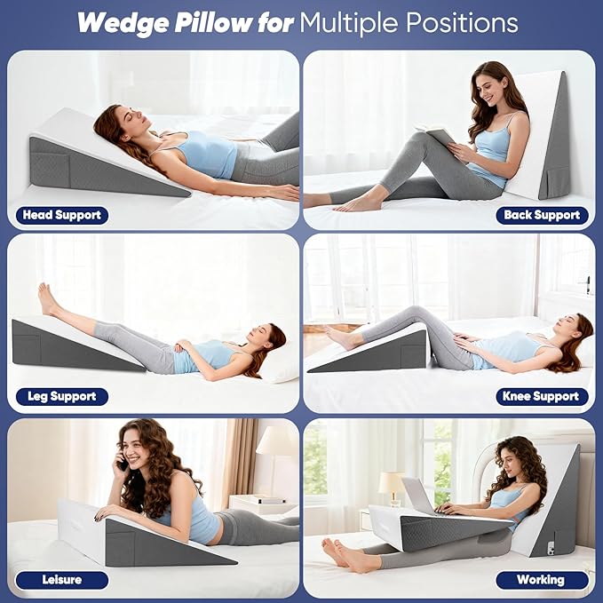 Bed Wedge Pillow for Sleeping & Resting, 8 inch Incline Pillow Wedge for Adults Seniors, Back Support and Leg Elevation, Cooling Memory Foam Top, Ideal for Couch, Bedroom & Living Room