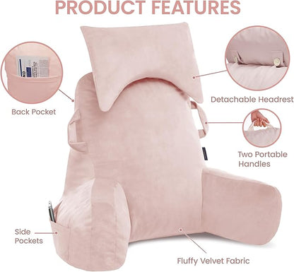 Portable Reading Pillows with Headrest for Bed Sitting Up(Pink Oeko-Tex), Velvet Back Pillow with Arms & Pockets for Adults, Support Memory Foam Bed Pillow for Dorm/Reading/Watching/Gaming