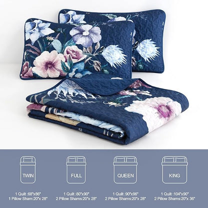 Drucon Blue Floral Quilt Set Queen Size 3 Pieces Blue Botanical Flower Quilt Coverlet Set Soft Microfiber Lightweight Quilted Bedspread for All Season 90"x96"