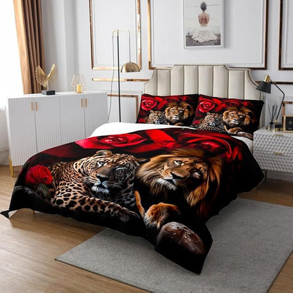 Feelyou Lion Tiger Quilt Set Coverlet Girls Women Rose Floral Wild Animal Bedspread for Kids Teens Room Decor Romantic Flower Safari Print Quilt Sets Wildlife Coverlet Set 3Pcs Queen Siz