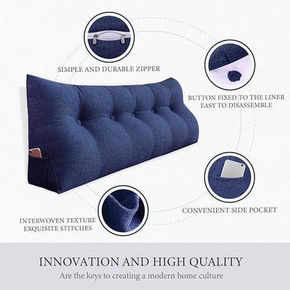 Headboard Pillow Wedge Full Size Large Bolster Pillow for Bed Triangle Reading Pillow Back Support Pillow for Sitting Up in Bed XXL Couch Daybed Rest Backrest Cushion Linen Blue
