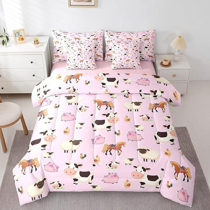 Feelyou Queen Size Farm Animal Comforter Set with Sheets Boys Girls Cartoon Animals 7 Piece Bedding Set for Kids Pink Bed in a Bag Funny Country Theme Bed Set