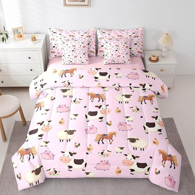 Feelyou King Size Farm Animal Comforter Set with Sheets Boys Girls Cartoon Animals 7 Piece Bedding Set for Kids Pink Bed in a Bag Funny Country Theme Bed Set