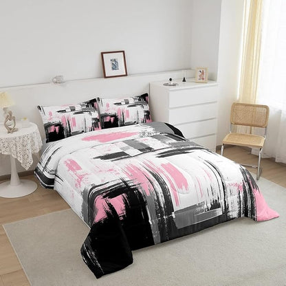 Feelyou Abstract Bedding Set Kids Modern Abstract Art Comforter Set Pink White Black Comforter for Boys Room Decor Lightweight Retro Duvet Set Toddler Size with 1 Pillow Case