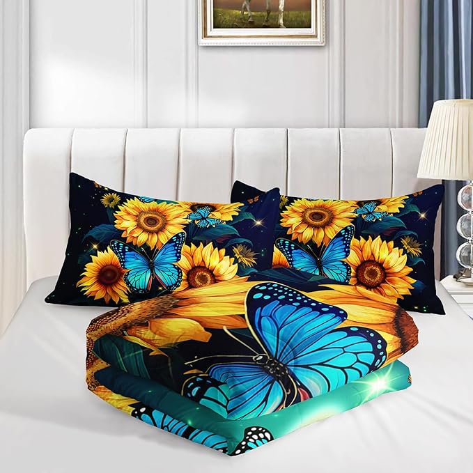 Yellow Sunflower Bedding Blue Butterfly Comforter 3Pcs Twin Black Floral Botanical Pattern Quilt Set for Kid Teen Girl Boy Romantic Starlight Bed Decor Set with 1 Comforter and 2 Pillowcases