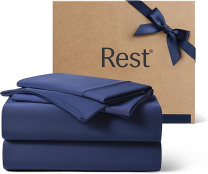 REST® Evercool®+ Cooling Sheet Set, Cali King, Midnight Blue, Breathable Bed Sheets for Hot Sleeper and Night Sweats, with Pillowcases, with Ionic+ Self-Cleaning Silver Yarn for Sensitive Skin, 4PCS