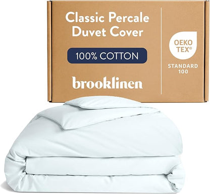 Brooklinen Luxury Percale Duvet Cover – 100% Cotton, Cool, Crisp, Extra-Long Corner Ties, Button Closure, Soft & Breathable – Machine Washable, Duvet Cover Full/Queen Bed Sizes (Sky)