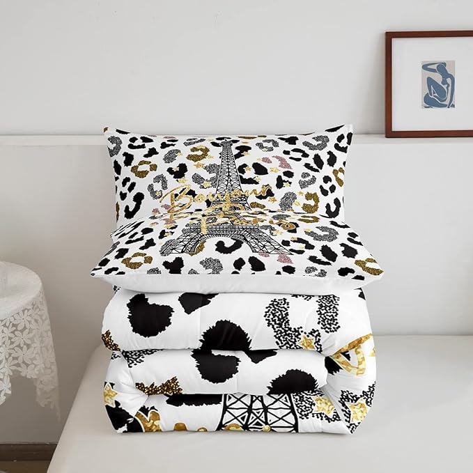 Feelyou Eiffel Tower Comforter Set Leopard Print Bedding Set for Kids Boys Girls Paris Tower Comforter Cheetah Print Quilt Set 1 Comforter Set with 2 Pillowcases King Size