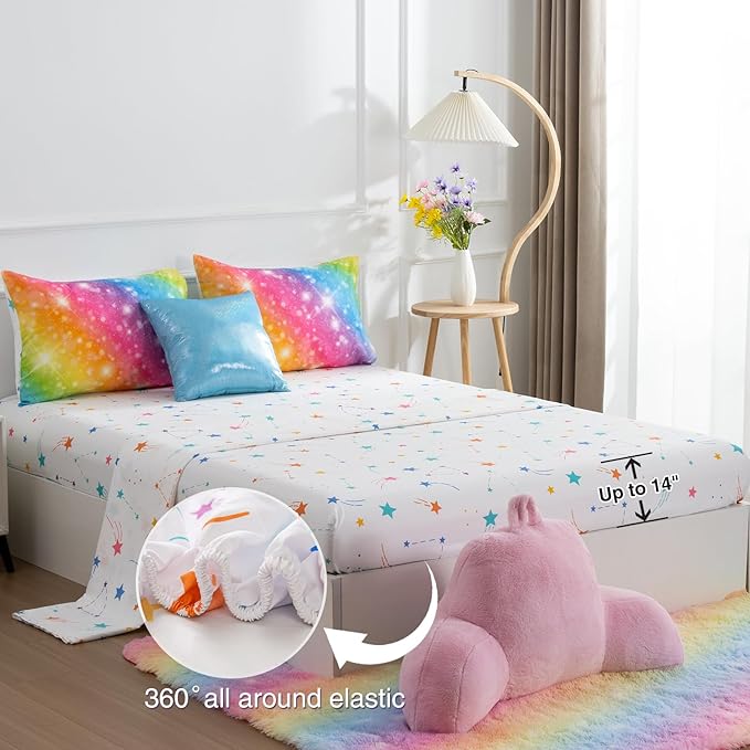 A Nice Night 6Pcs Gradient Glitter Bedding Set for Girls, Colorful Rainbow Galaxy Comforter Set, Ultra Soft Bedding Sets (Multi,Full 6Pcs)