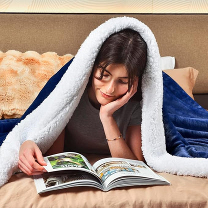 KAWAHOME Sherpa Fleece Twin Size Blanket for Bed - Extra Warm and Heavy Thick Blankets for Winter, Super Soft 500GSM Plush Blanket, 66"X 90" Navy Blue