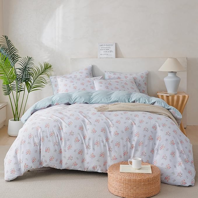 Queen Floral Duvet Cover Set Luxury Soft Brushed Microfiber Crinkle Gauze Fabric 3 Pieces Bedding Set Flower Pattern Queen Duvet Cover with Zipper Closure Breathable Comfy