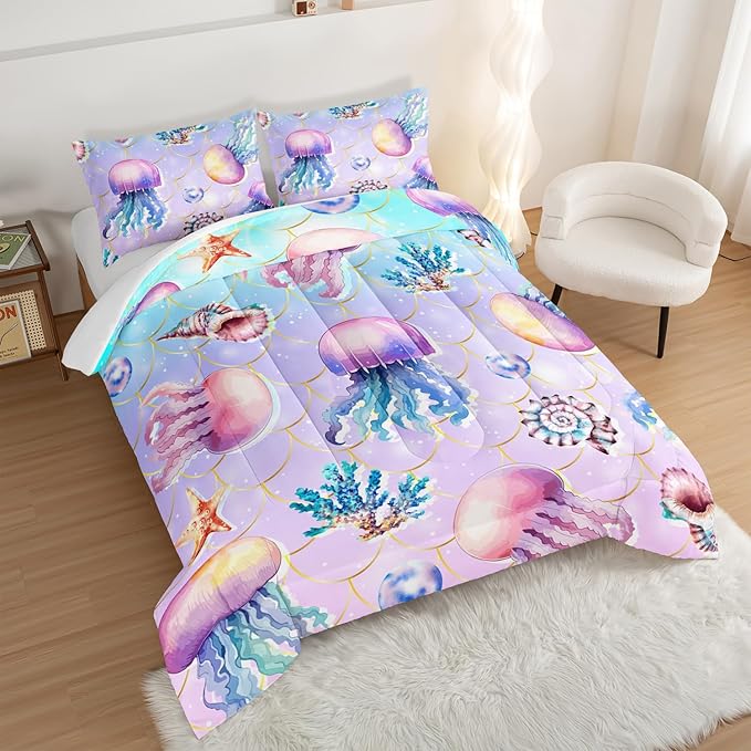 Cute Ocean Comforter Set Kids Bedding King Size,Color Jellyfish Conch Sea Star Print Comforter for Teens Boys Girls Room Decor,Kawaii Beach Bedding Set with 2 Pillowcases.