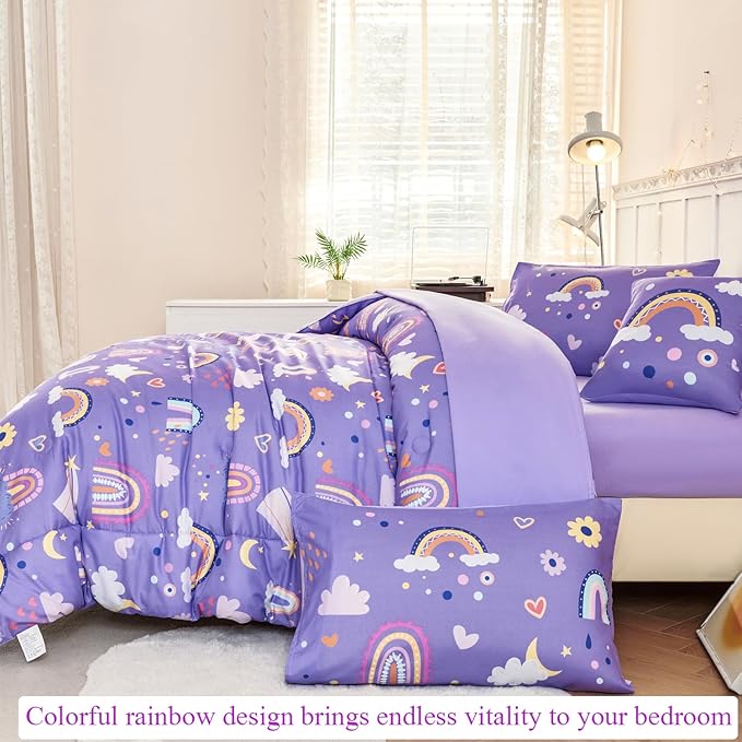 ANGIYUIN 6 Pieces Purple Twin Bedding Set Rainbow Bedding Set for Girls Love Hearts and Moon Design Kids Bed Set Soft Girl Bed in A Bag with Sheets, Purple, Twin