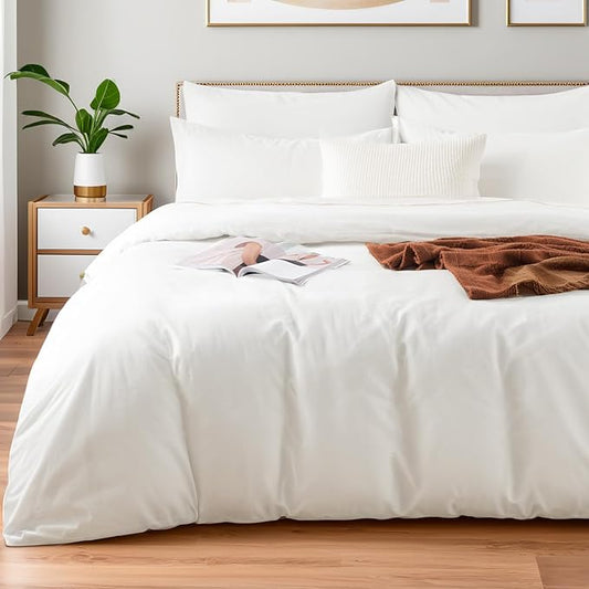 NEXHOME PRO Cotton Duvet Cover Kids Twin Size Linen Look White Organic Natural 100% Washed Cotton Duvet Cover Set 2 Pieces Bedding Set with Zipper Closure and Corner Ties, Breathable(No Comforter)