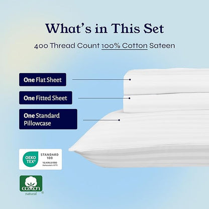California Design Den Striped Twin Sheets Set - Soft 400 Thread Count Sateen, Natural 100% Cotton Sheets Twin Size Bed Set with Deep Pockets, and Durable Bedding - Striped White