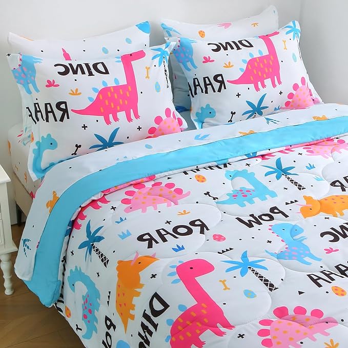 Wajade 7 Piece Kid Girls Dinosaur Comforter Set Full Size 3D Pink Dinosaur Wild Park Jungle Print Bedding Set with Comforter, Sheet Set, Pillowcase and Sham