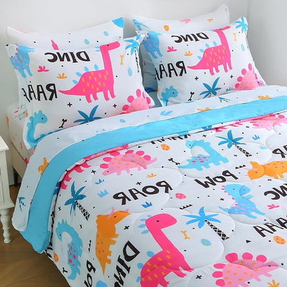 Wajade 7 Piece Kid Girls Dinosaur Comforter Set Full Size 3D Pink Dinosaur Wild Park Jungle Print Bedding Set with Comforter, Sheet Set, Pillowcase and Sham