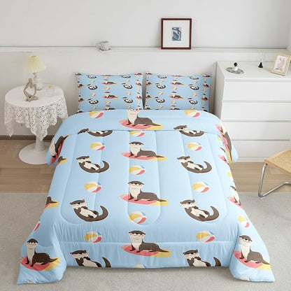 Cartoon Otter Kids Bedding Set,Colorful Ball Surfboard Summer Theme Comforter Set for Boys Girls Teens,Cute Kawaii Wild Animals Down Comforter with 2 Pillowcases Queen Size 3 Pcs