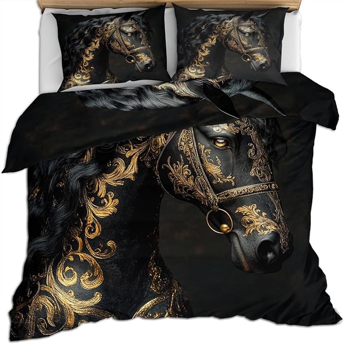Black Horse Duvet Cover Twin Ancient Warhorses Bedding Set 2 Piece for Kids Decor Retro Golden Pattern Comforter Cover and 1 Pillow Sham with Zipper Closure