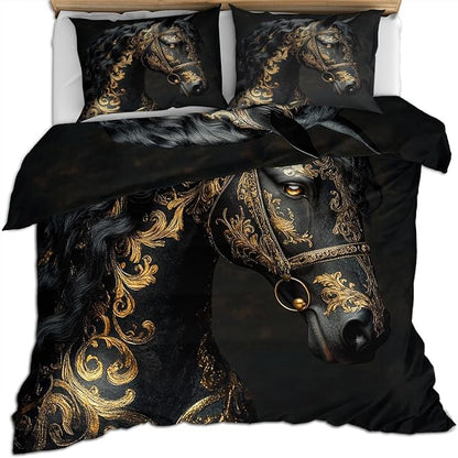 Black Horse Duvet Cover Oversized King Ancient Warhorses Bedding Set Bedroom Decor Retro Golden Pattern Comforter Cover and 2 Pillow Sham with Zipper Closure
