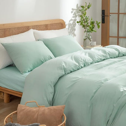 Green Duvet Cover King Size 3-Piece Set - 100% Washed Microfiber, Lightweight & Chic with Zipper Closure & Corner Ties, Includes 1 Duvet Cover & 2 Pillowcases