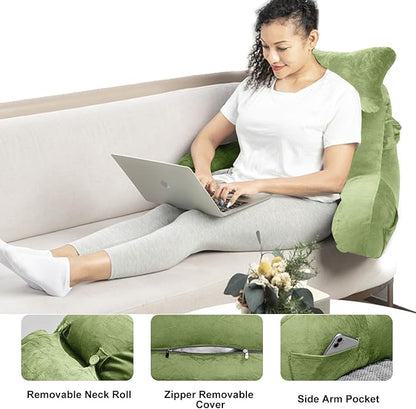SLIGUY Reading Pillow for Sitting in Bed Couch Adult, Back Pillow with arm Support and Pockets, Adult Back Pillow Bed Chair for Rest, Reading, Watching TV, Gaming for Boys and Girls Green