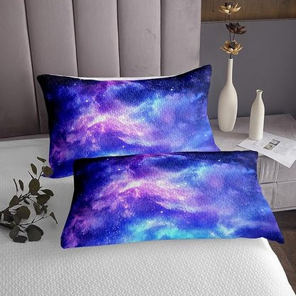 Erosebridal Blue Purple Galaxy Bedspread King Size, Girls Starry Sky Bedding Set Space Universe Star Coverlet Set for Kids Teen Bedroom Decor, Constellation Planet Comfortable Quilted