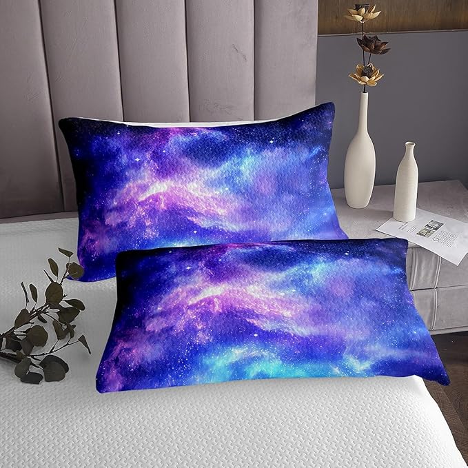 Erosebridal Purple Galaxy Bedspread Queen Size, Girls Starry Sky Bedspread Quilt Set Space Universe Star Coverlet Set for Kids Teen Bedroom Decor, Constellation Planet Comfortable Qulited