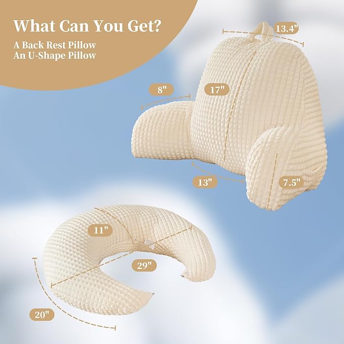 Reading Pillow for Bed,U Shaped & Back Support Pillow for Bed,17" Backrest with Lumbar & Arm Support,Comfy Flannel Fabric,Lap Pillow for Gaming/Reading/Watching TV,White