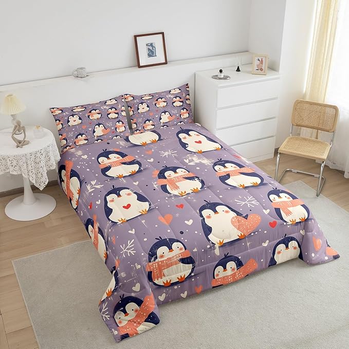 Kawaii Penguin Bedding Set Toddler Size Pink Love Heart Comforter for Child Teens Cartoon Antarctic Animals Down Comforter Winter Snowflake Duvet Insert with 1 Pillowcase